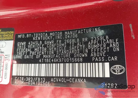 2007 Toyota Camry Ce/Le/Se/Xle z USA, uszkodzony, nr VIN 4T1BE46K97U015668